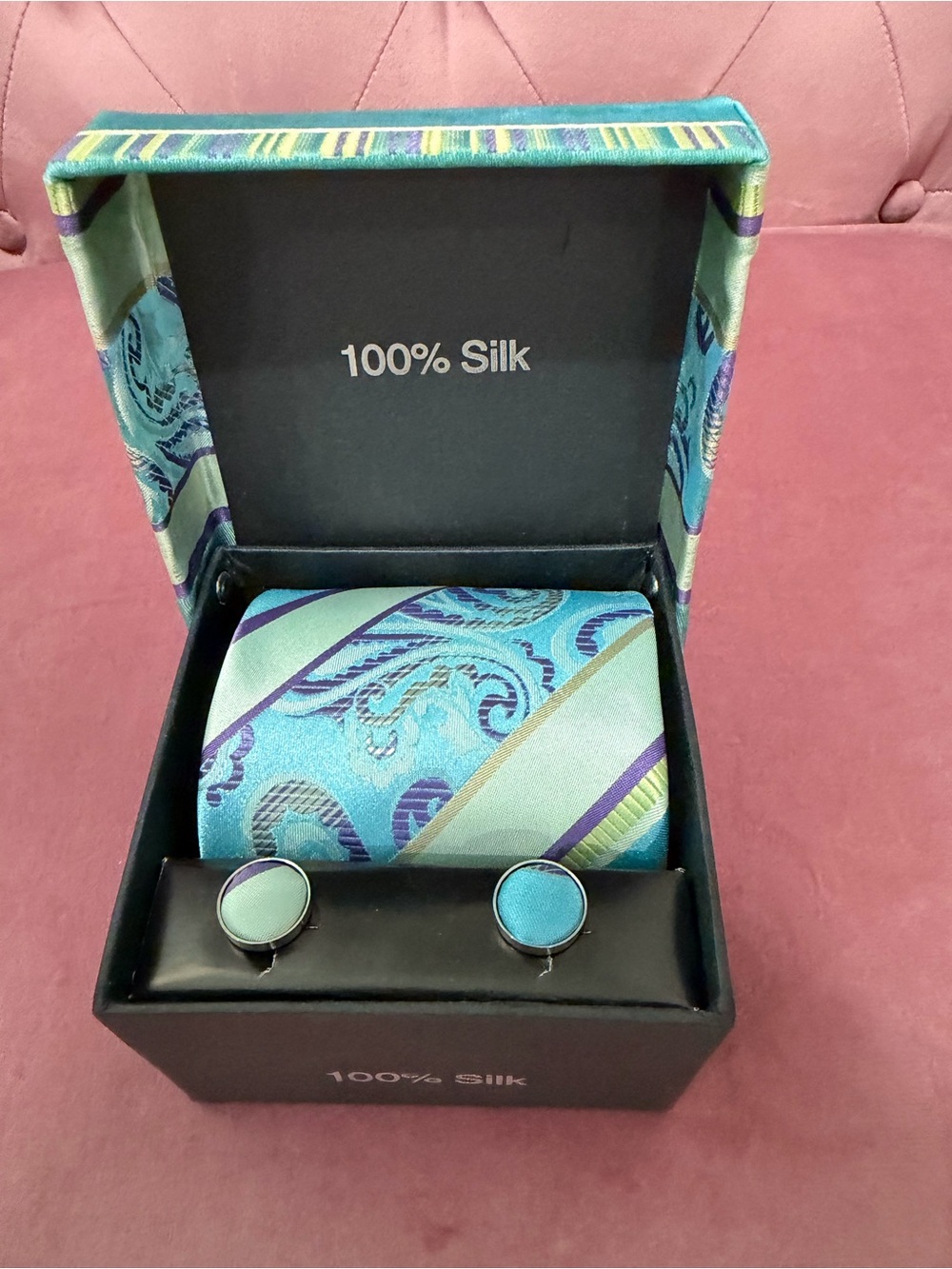 Silk Paisley Stripe Tie, handkerchief and Cufflink Set - Aqua Blue